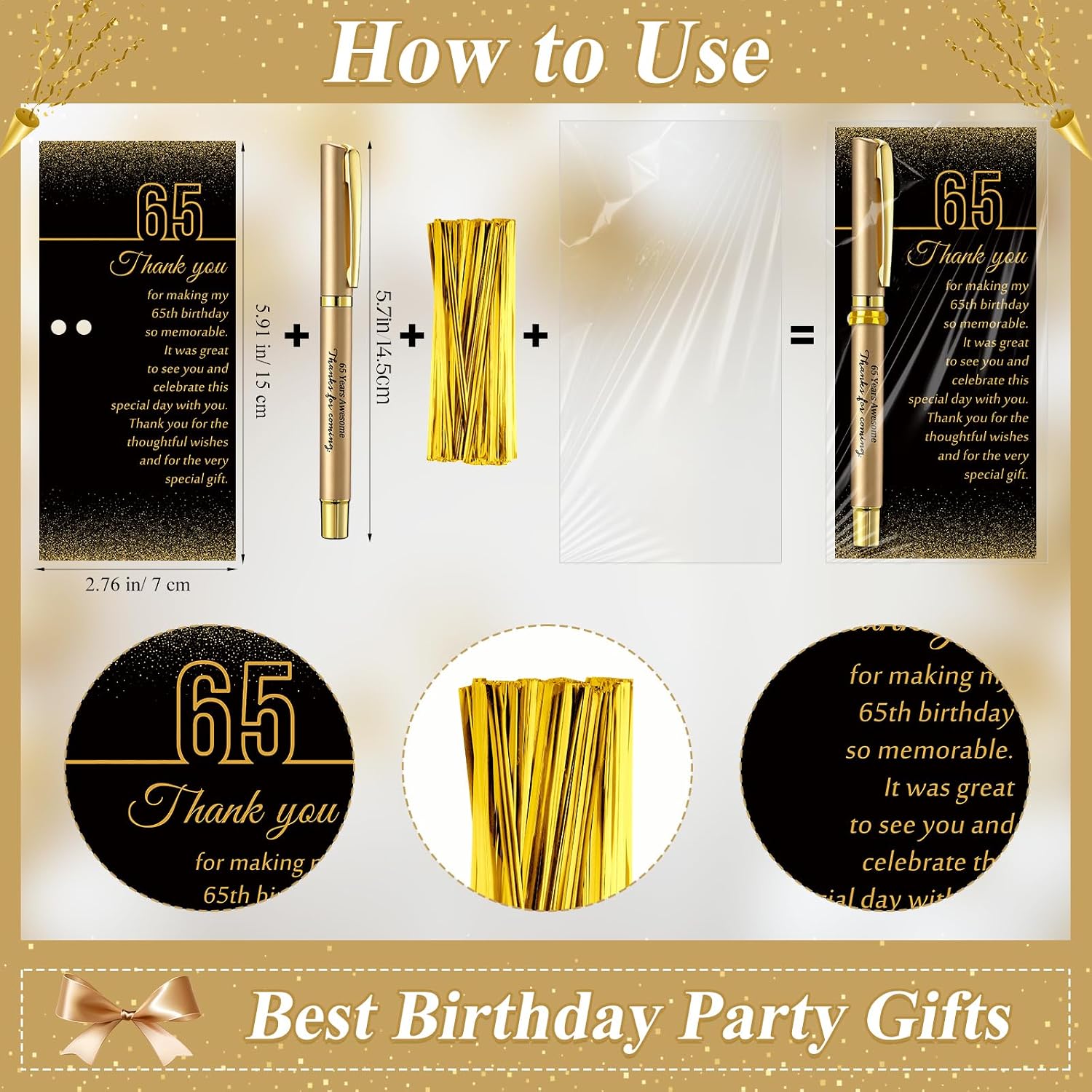 Feifeiya 30 Set 65th Birthday Favors with Black Gold Pens Cards | Birthday Souvenirs for Guests, Black and Gold Pens with Paper Thank You Cards for Men, Women and Wedding Anniversary Party
