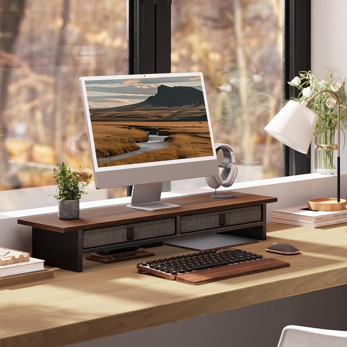 Fenge 35 Inch Monitor Stand with Drawer Storage, Computer Riser for Desk