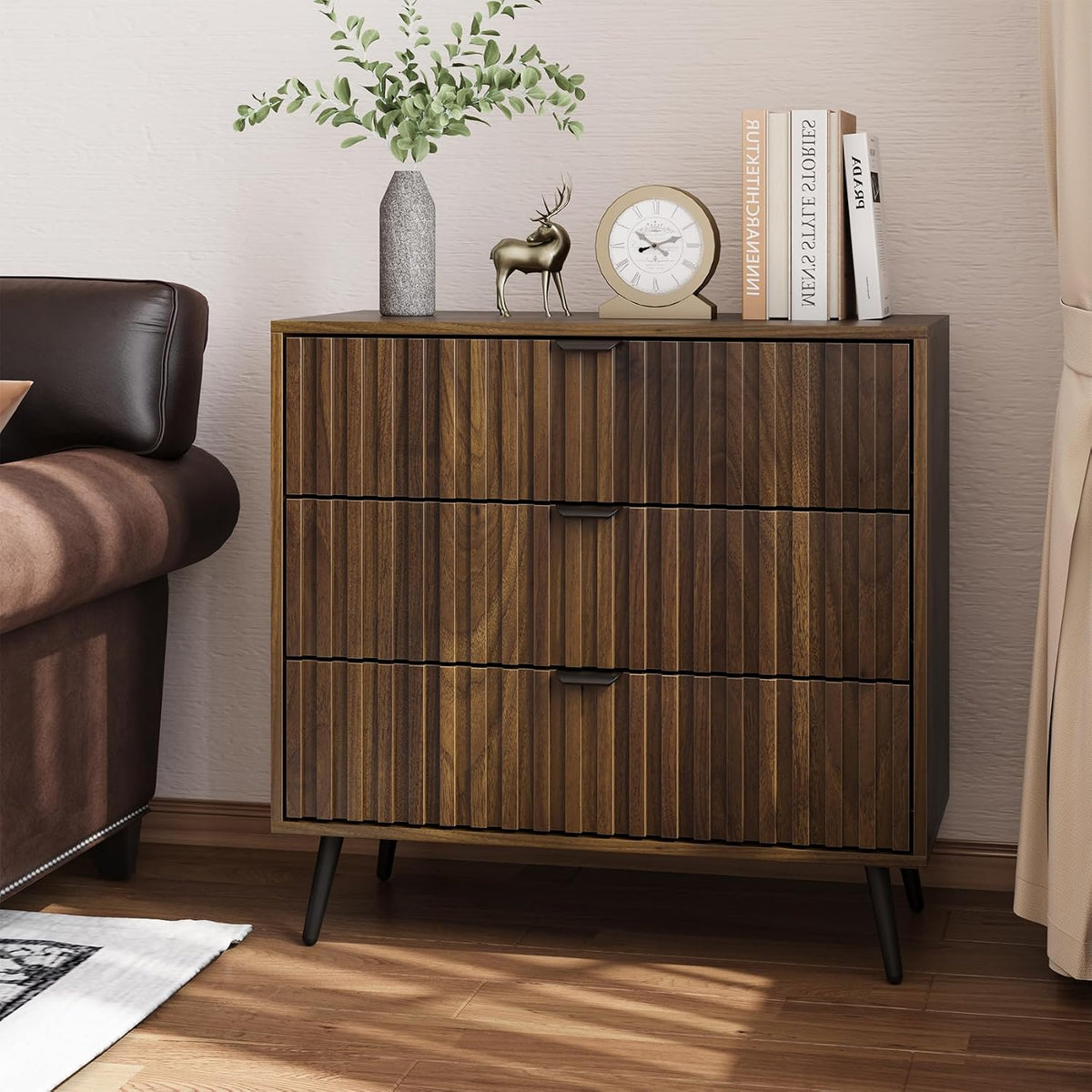 Smart FENDEE 3 Drawers Dresser, Fluted Small Dresser, 31.5“ W Mid- Century Mo...