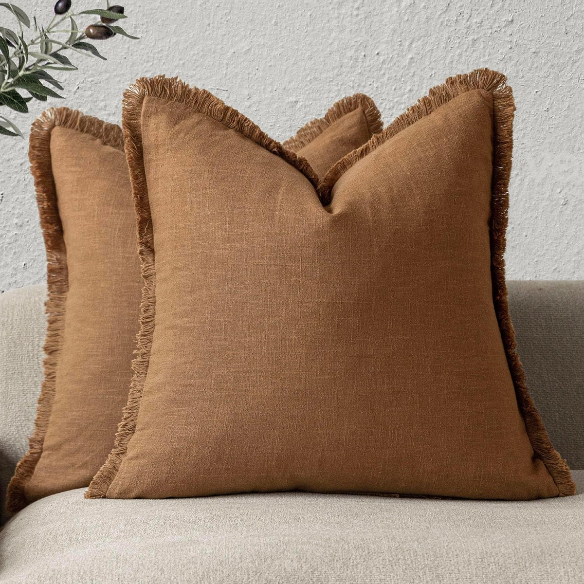 Foindtower Set of 2 Decorative Linen Fringe Throw Pillow Covers Boho Farmhouse