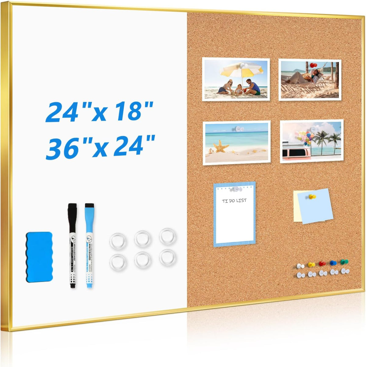 Magnetic Dry Erase White Board & Cork Board Combo, 24"x18", Wal...