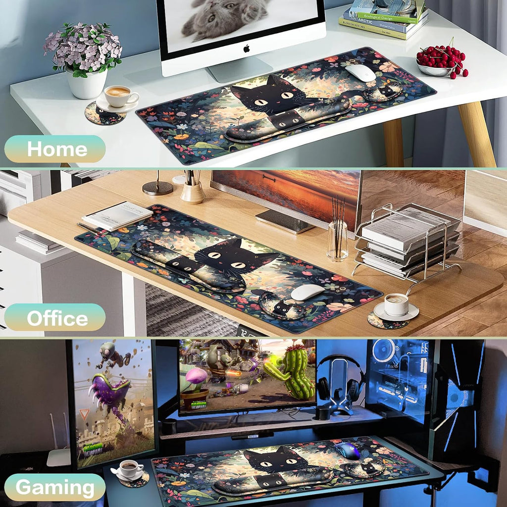 4-in-1 Mouse Pad Anime, Mouse Pad with Wrist Rest, | XXL Large Desk Mat Kawaii Mousepad with Gel Wrist Support Keyboard Wrists Rest Coaster, Ergonomic Gaming Cat Desk Pad