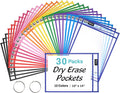 SUNEE 30 Packs Oversized Reusable Dry Erase Pocket Sleeves with 2 Rings, 10 Assorted Colors 10x14 Ticket Holders, Clear Plastic Sheet Protectors, Teacher School Classroom Supplies