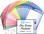 SUNEE 30 Packs Oversized Reusable Dry Erase Pocket Sleeves with 2 Rings, 10 Assorted Colors 10x14 Ticket Holders, Clear Plastic Sheet Protectors, Teacher School Classroom Supplies