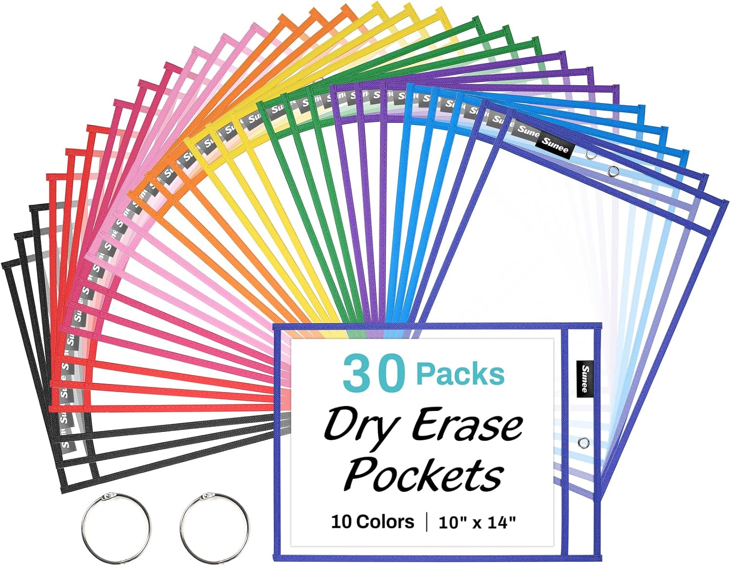 SUNEE 30 Packs Oversized Reusable Dry Erase Pocket Sleeves with 2 Rings, 10 Assorted Colors 10x14 Ticket Holders, Clear Plastic Sheet Protectors, Teacher School Classroom Supplies