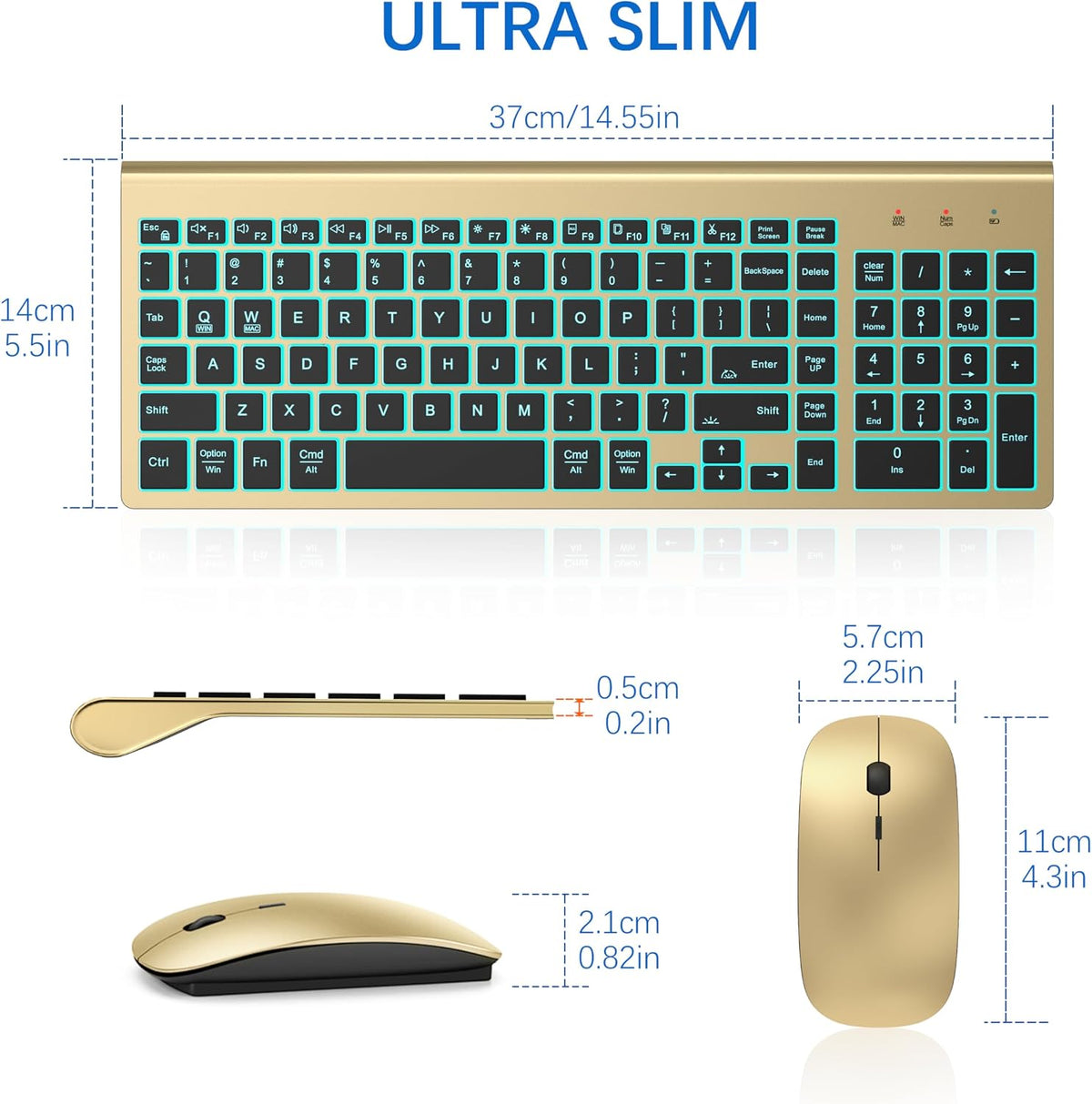 Wireless Backlit Keyboard and Mouse Ultra Slim Combo, TopMate - Gold Black