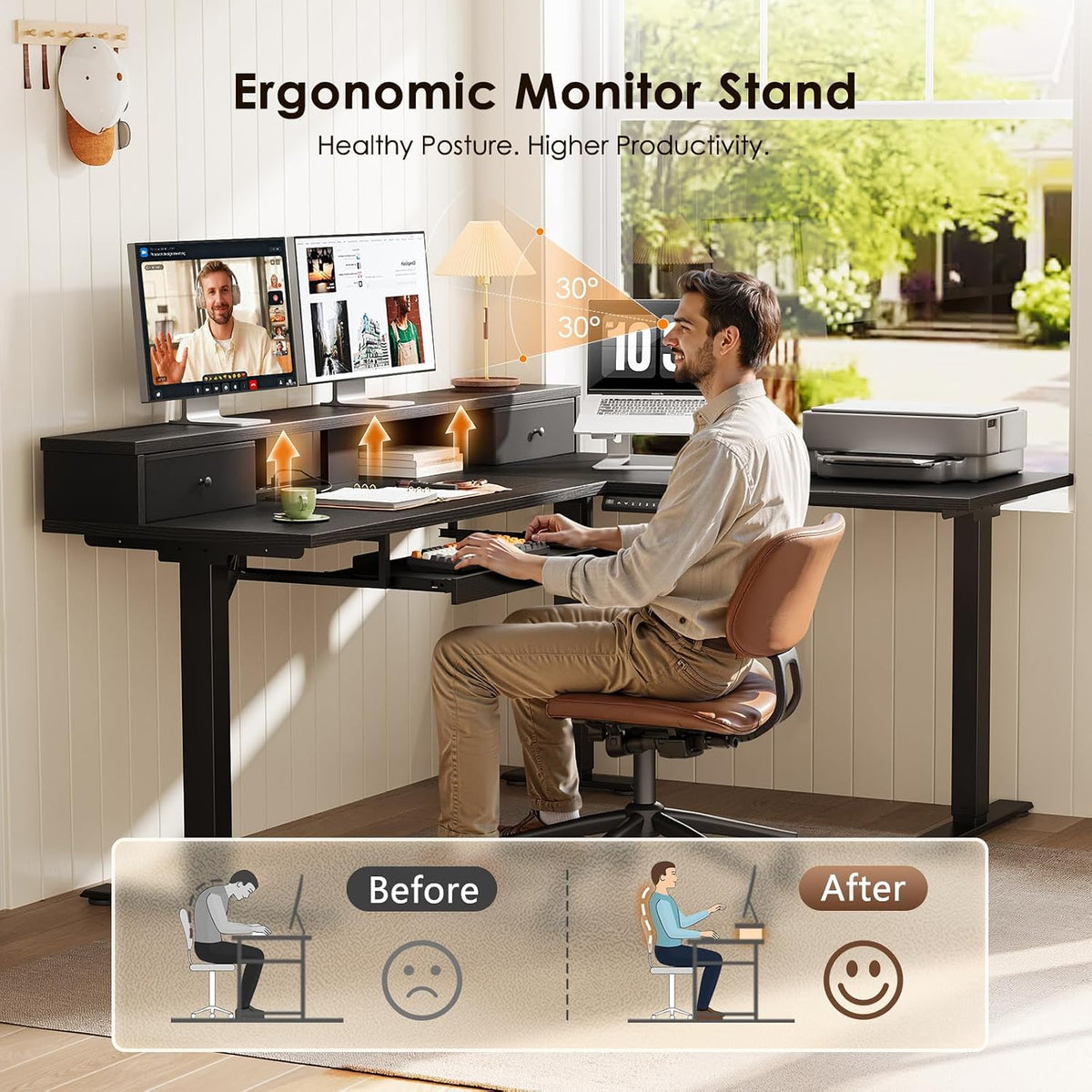 OffiGo 59 Inch L Shaped Electric Standing Desk with Drawers, Black