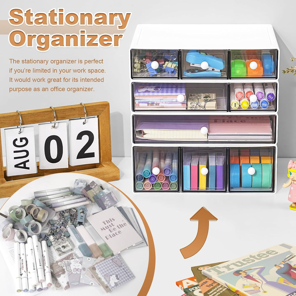 desk organizer with 9 drawers, 4 tier plastic showing dimensions