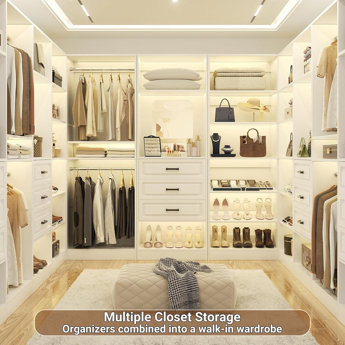 Unikito 75" Modular Closet System with 3 Sets, Mirror & Drawers, White
