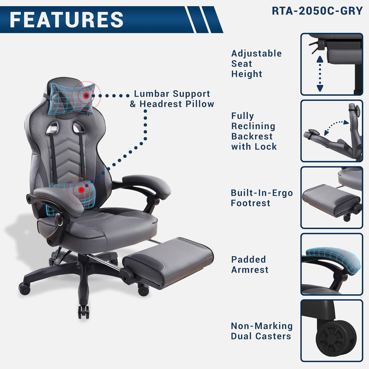 Techni Mobili Executive Gaming Chair with Footrest, 150° Reclining, Grey