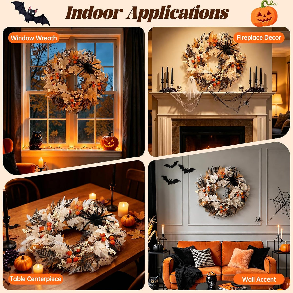 24" Halloween Wreath for Front Door with Spider, Maple Leaf