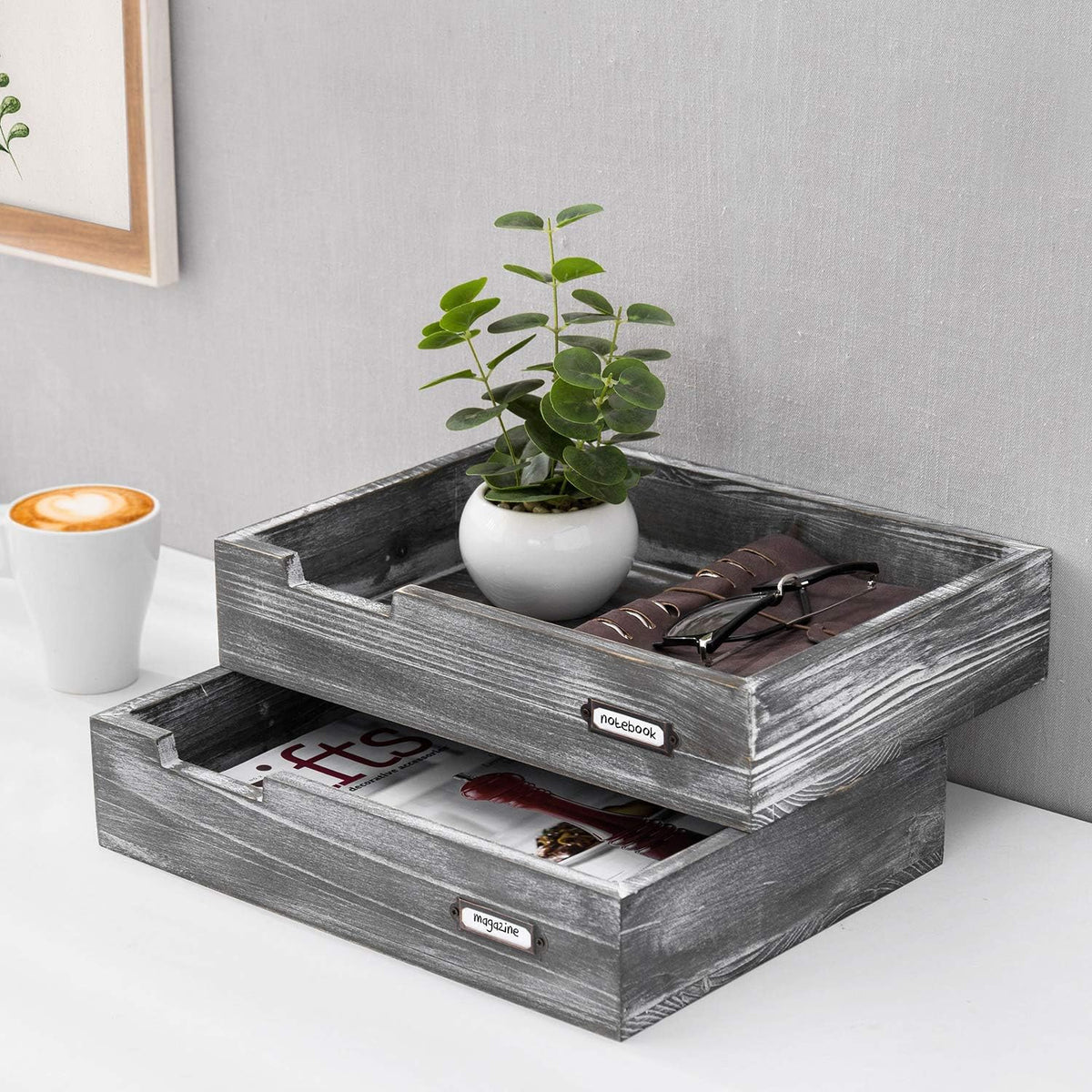 MyGift Ash Gray Wood Paper Tray Organizer, Stackable File Trays Set of 2