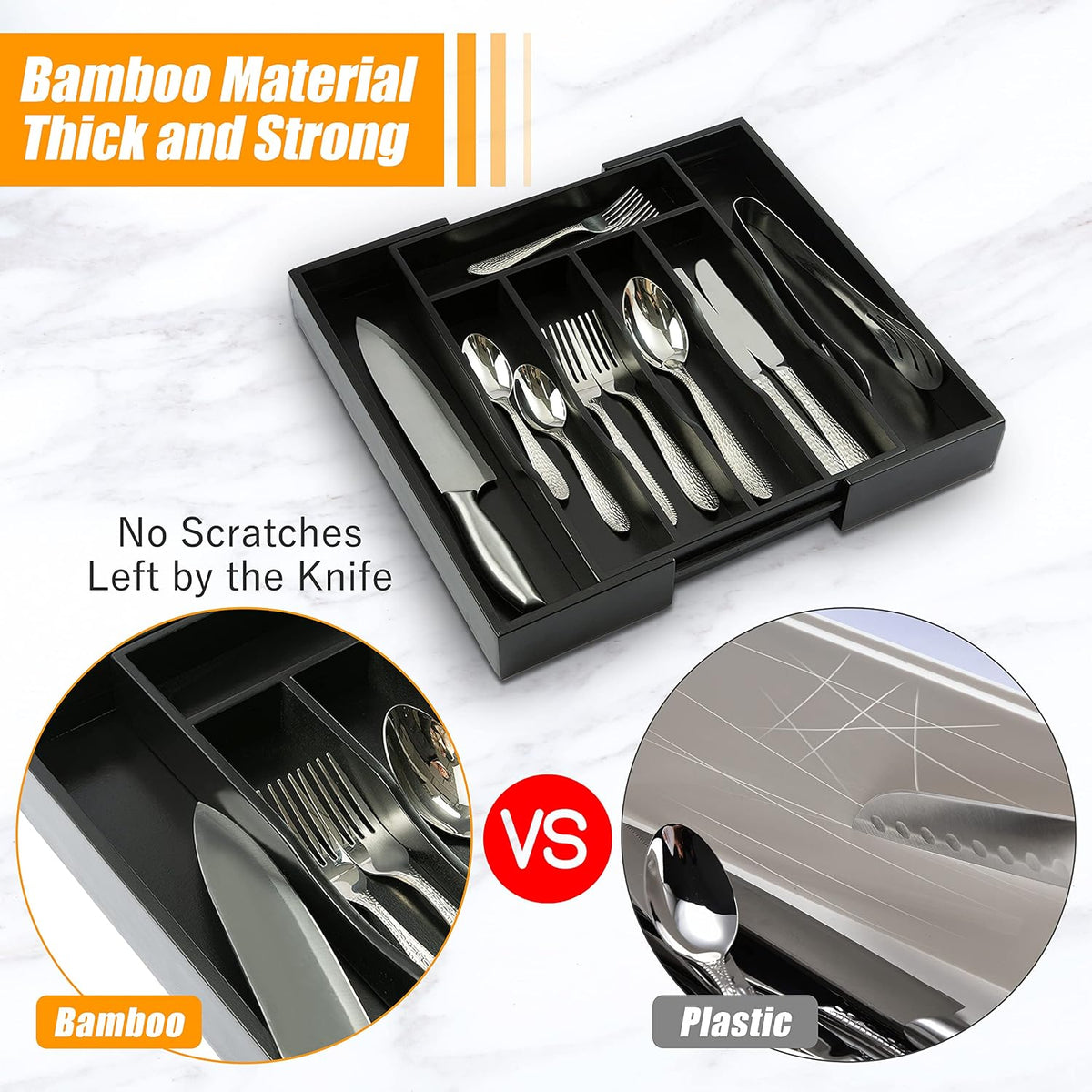 Bellsal Black Silverware Organizer Kitchen Drawer Organizer Expandable Bamboo...