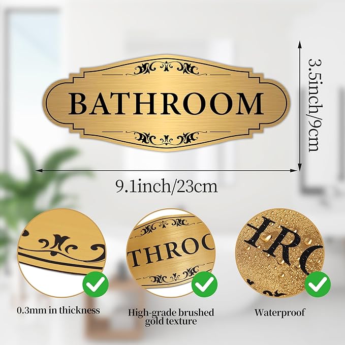 Bathroom Sign Sticker for Business and Home，Self-adhesive Brushed Gold Bathroom - Image 2