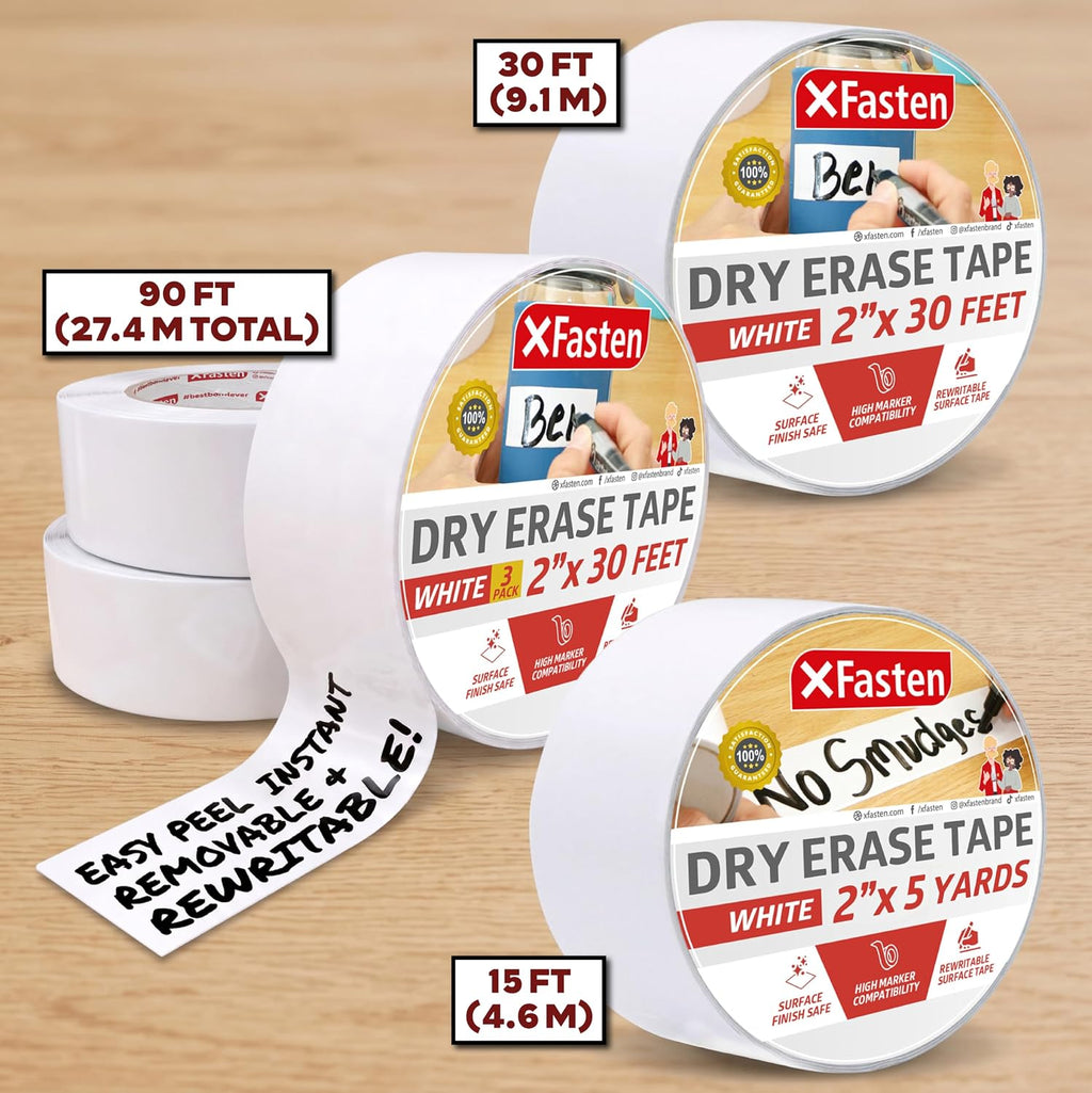 XFasten Dry Erase Tape White 2-Inch x 30-Feet (3-Pack 90 Feet Total) Zero Smudging Ghosting-Free Whiteboard Tape, Reusable Dry Erase Labels for Storage Bins, Sentence Strips for Teachers