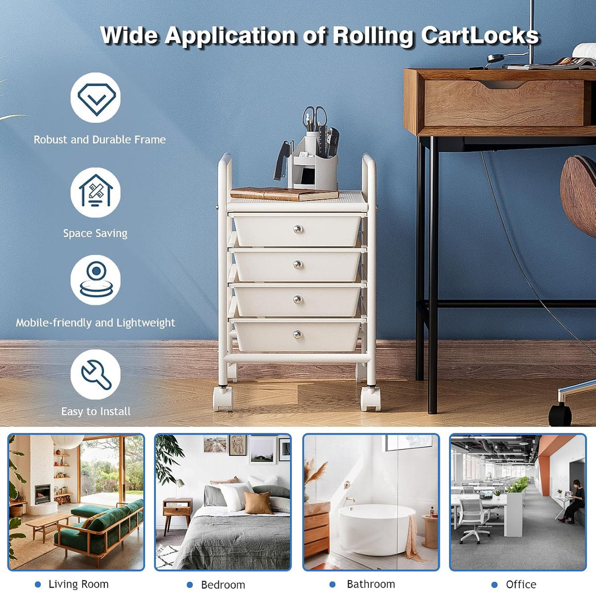 4-Tier Utility Cart with 4 Drawers, Rolling Utility Cart with 2 Lockable Cast...