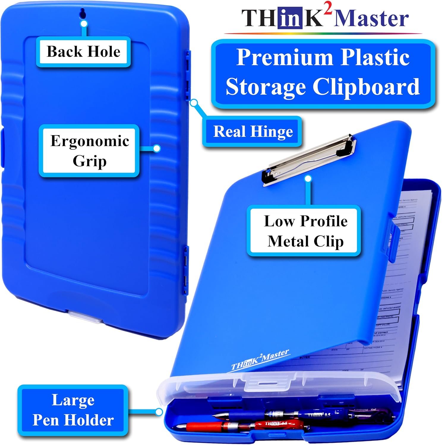 Think2Master [3 Pack] Blue Plastic Storage Clipboard with Pencil Holder. | 25% Heavier & 25% Sturdier| Heavy Duty. Nursing, Teacher & Classroom Must Have.