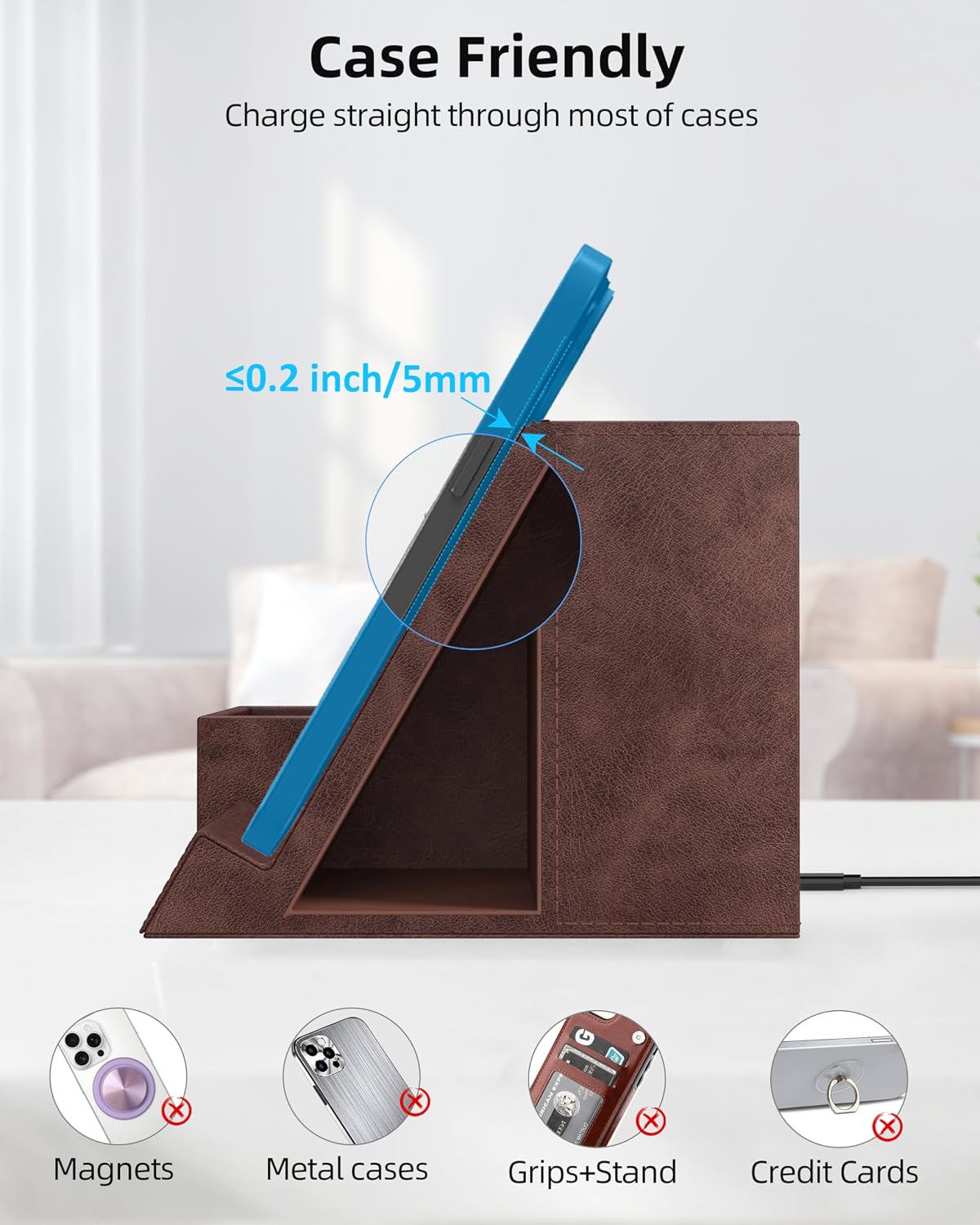 Wireless Charger with Desk Organizer, 3 Compartments and 1 Phone Stand