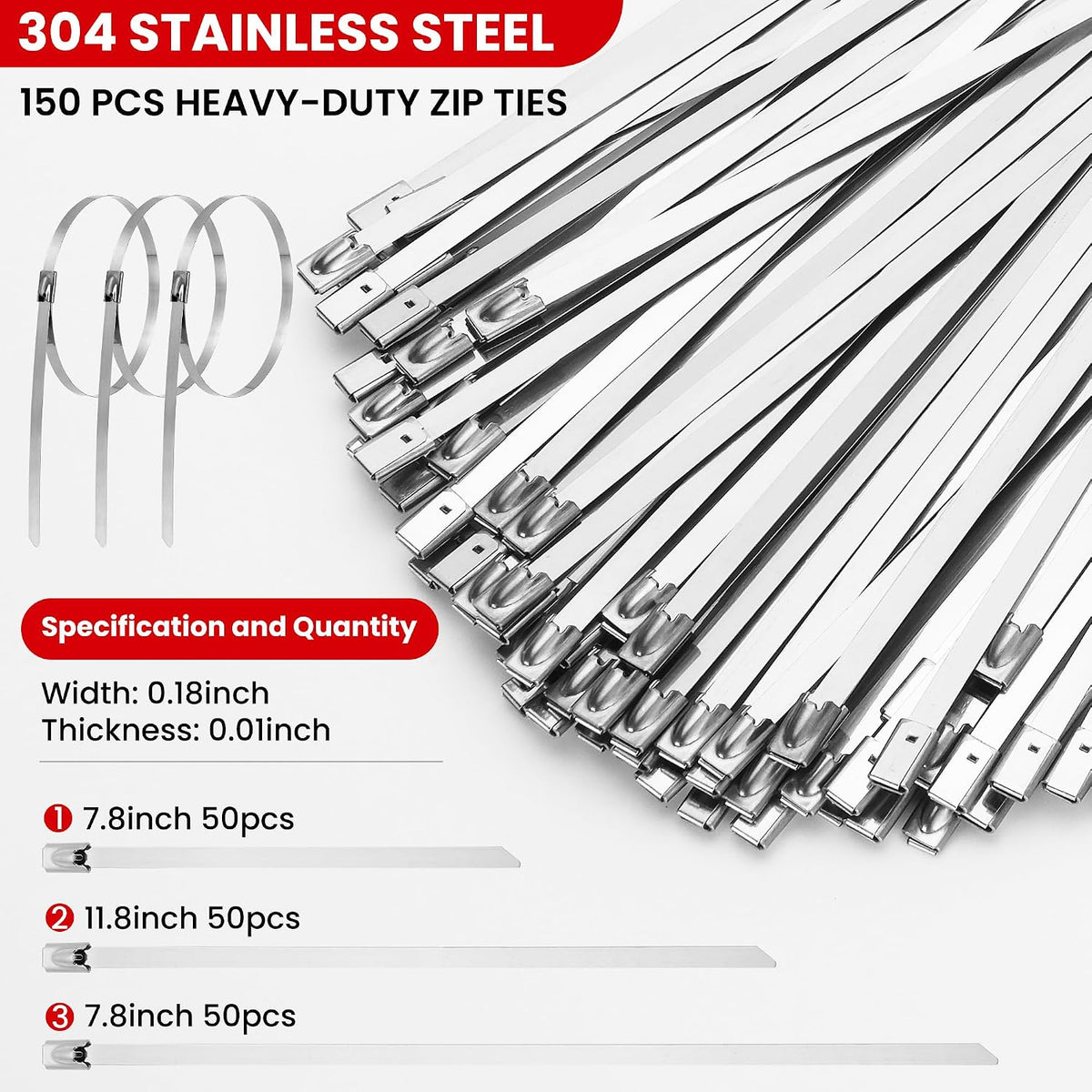 Stainless Steel Cable Tie Gun Set Metal Zip Tie Tool Kit (Red)