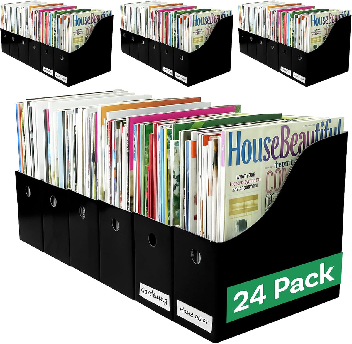 Evelots Magazine File Holder Set, Black Cardboard Office Organizer, 24-Pack