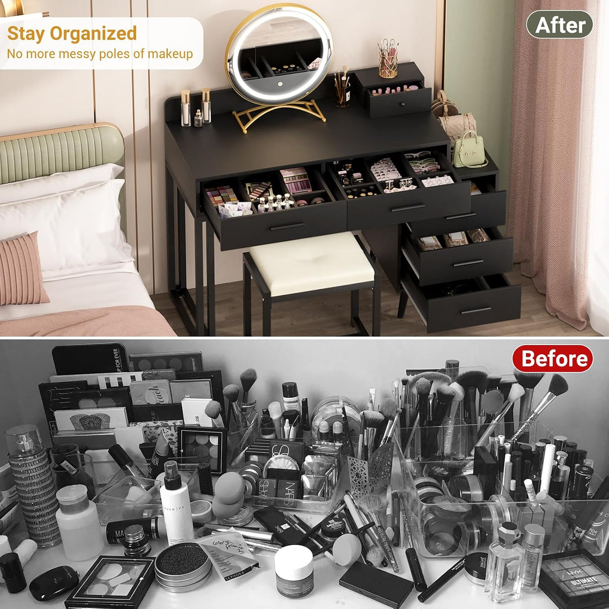 Armocity Black Vanity Desk with Mirror and Lights, Modern Makeup Vanity Table...
