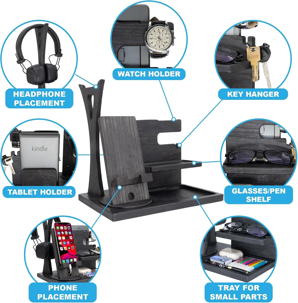 Gift for Men Nightstand Organizer with Headphone Stand & Rotating Phone S...