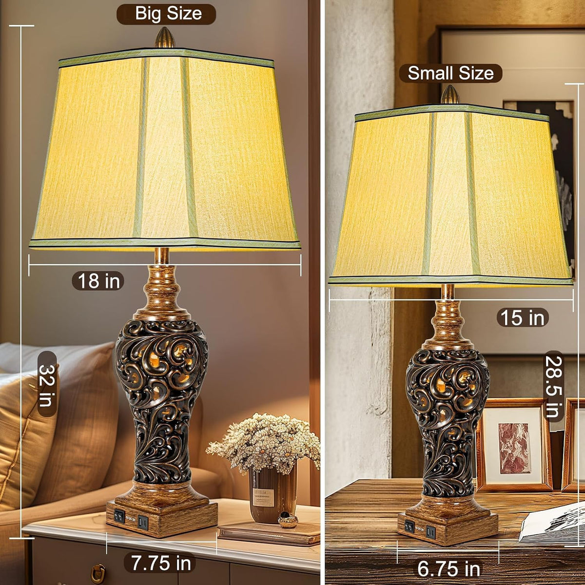32'' Tall Rustic Vintage Table Lamps Set of 2 with Night Lights, Larg...