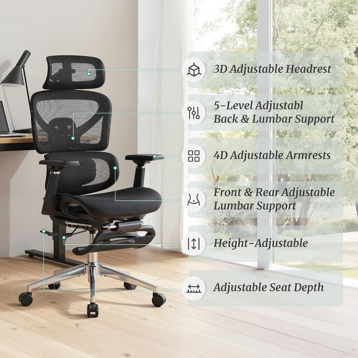 Cozyman Ergonomic Office Chair with Footrest - 5-Level Adjustable Lumbar Supp...