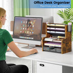 daoutime 6-tier mesh desk organizer with drawer, wooden showing dimensions
