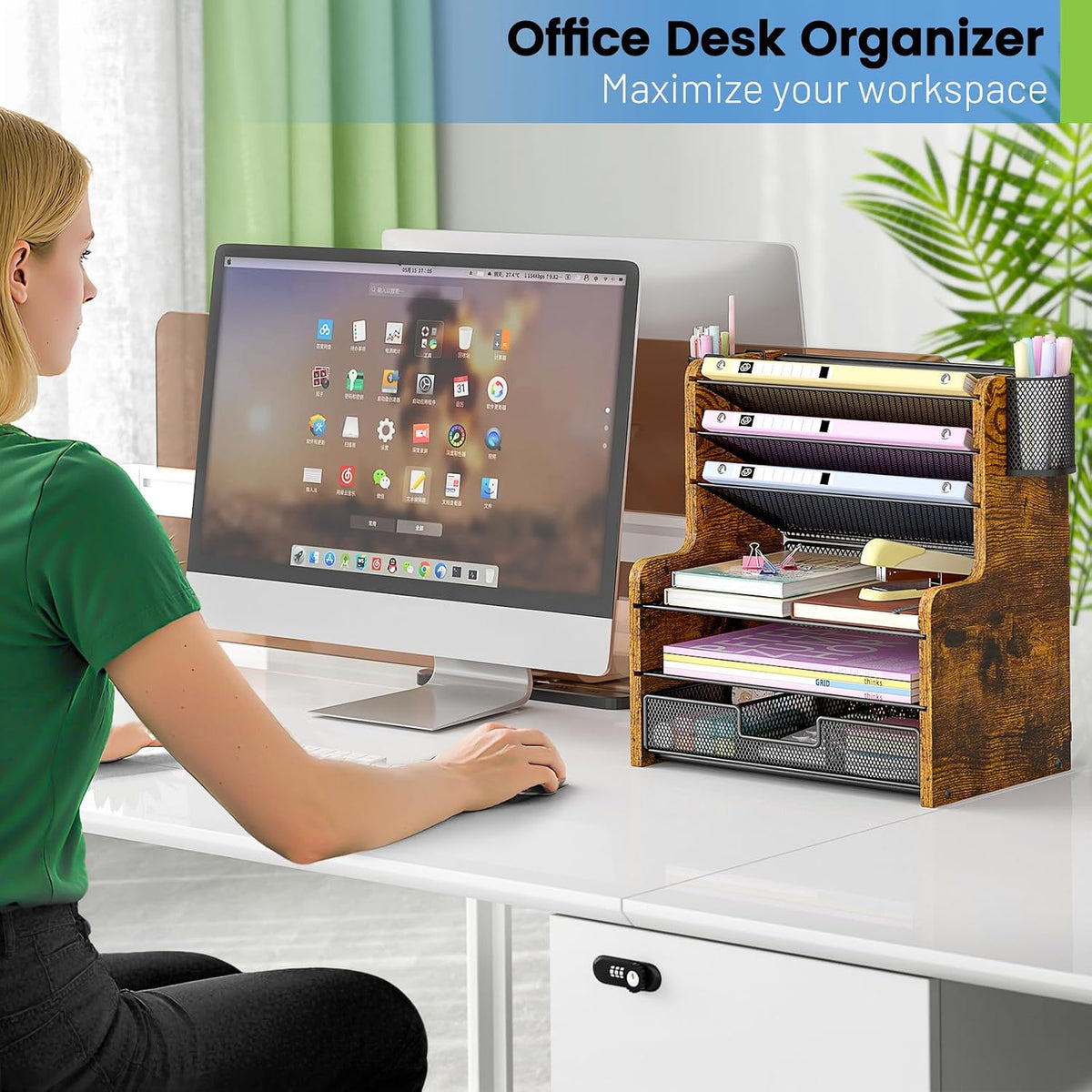daoutime 6-tier mesh desk organizer with drawer, wooden showing dimensions