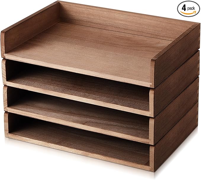 Yeaqee 4 Pcs Stackable Paper Organizer Tray Wood Desk Organizer Letter Tray by Yeaqee