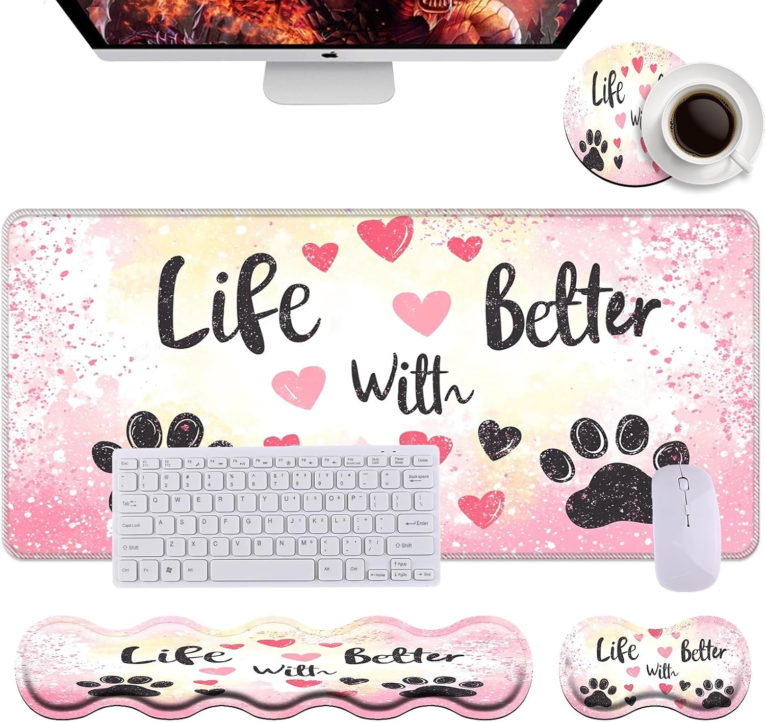 Keyboard Wrist Rest+Mouse Wrist Pad+Desk Pad Set,Memory Foam Ergonomic Easy Typing Pain Relief for Computer Laptop Office Home - Glitter Dog Paw Prints