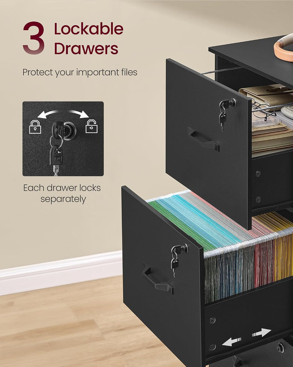vasagle 3 drawer file cabinet with locks, for, side view