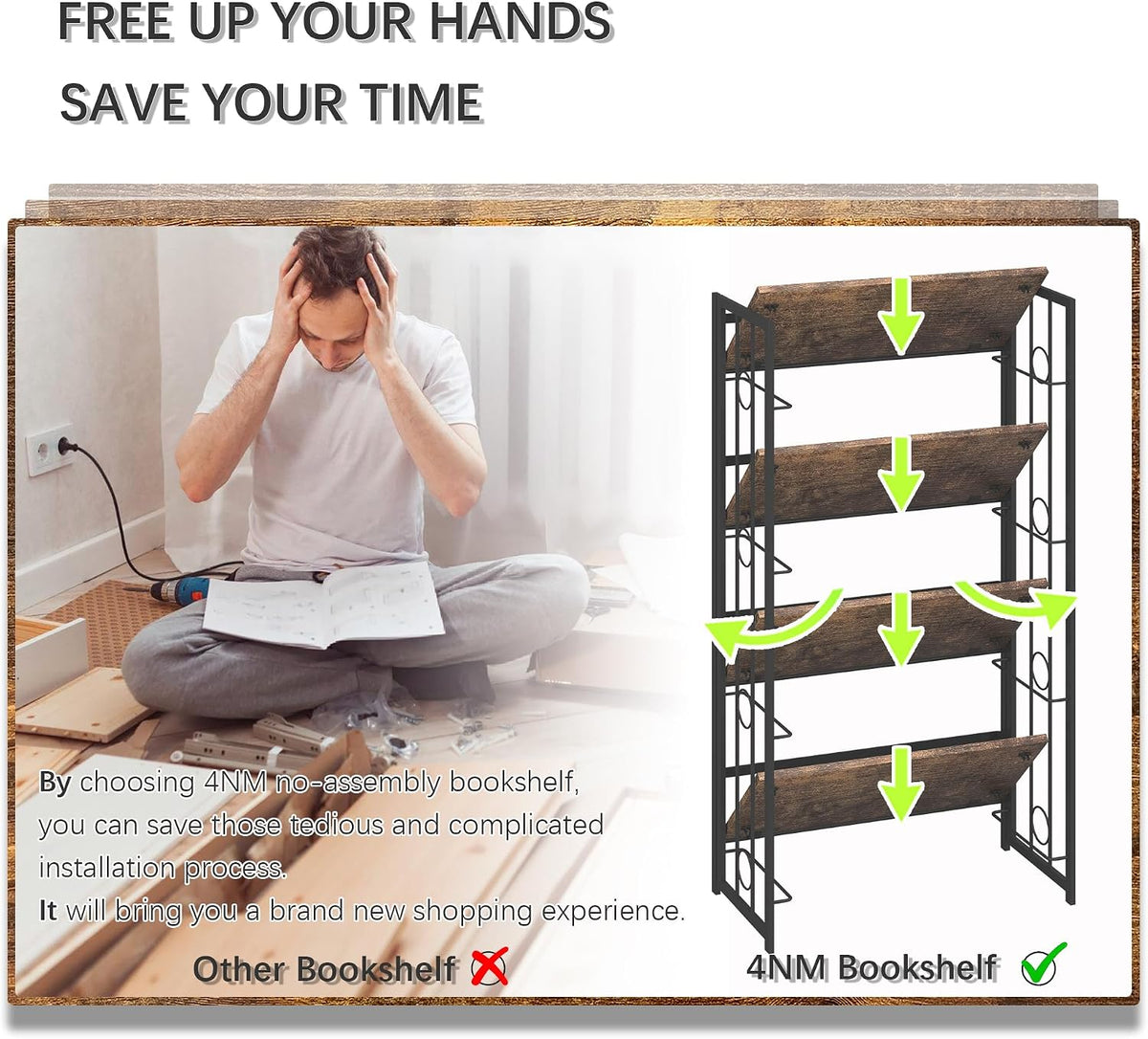 4NM No Assembly 4 Tiers Folding Bookshelf, 47.2" H Foldable Storage Shel...