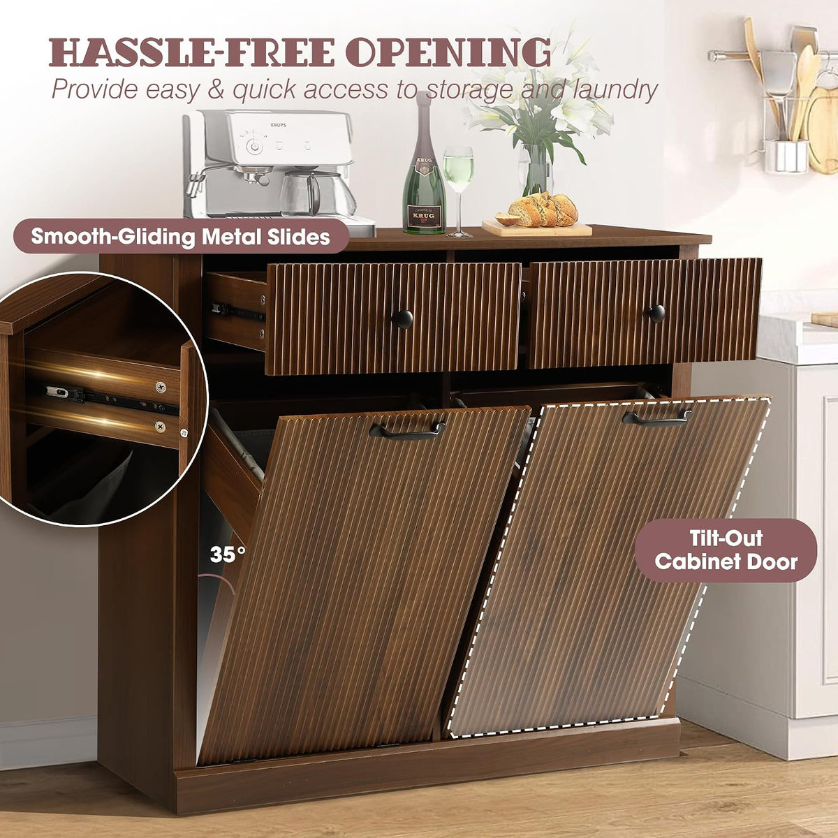 Double Tilt Out Laundry Hamper Cabinet, Modern Fluted Trash Can Cabinets with...