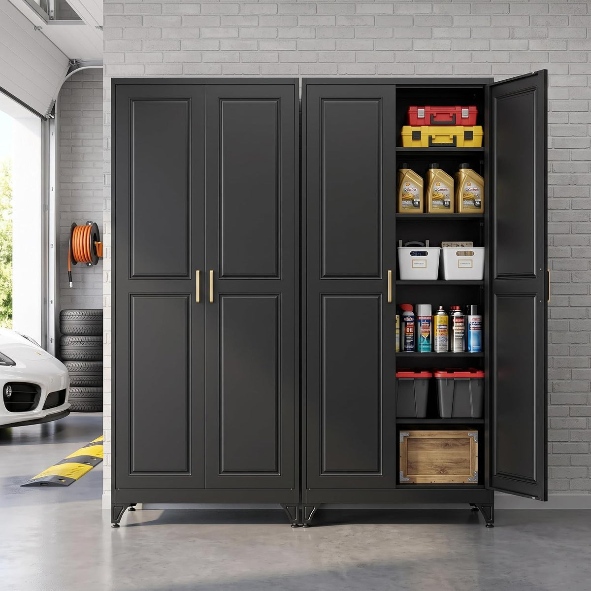 75" metal storage cabinet, garage cabinet with doors shown in use