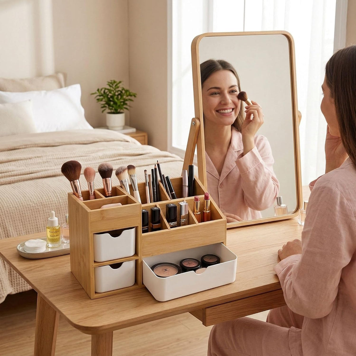 Bamboo Makeup Organizer, 3 Drawers & Adjustable Dividers
