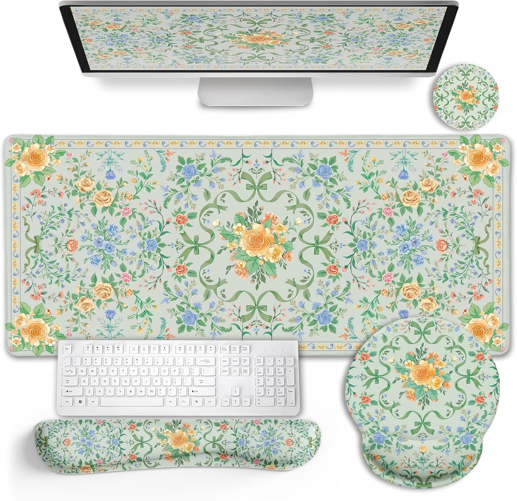 LIMKRIAN Floral Desk Mat Set, Cute Green Mouse Pad with Gel Wrist Rest | Ergonomic Shape Design, XXL Large Desk Pad Stitched Edges, Keyboard Wrist Support, Coaster, Desk Accessories Decor for Women