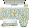 LIMKRIAN Floral Desk Mat Set, Cute Green Mouse Pad with Gel Wrist Rest | Ergonomic Shape Design, XXL Large Desk Pad Stitched Edges, Keyboard Wrist Support, Coaster, Desk Accessories Decor for Women