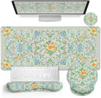 LIMKRIAN Floral Desk Mat Set, Cute Green Mouse Pad with Gel Wrist Rest | Ergonomic Shape Design, XXL Large Desk Pad Stitched Edges, Keyboard Wrist Support, Coaster, Desk Accessories Decor for Women