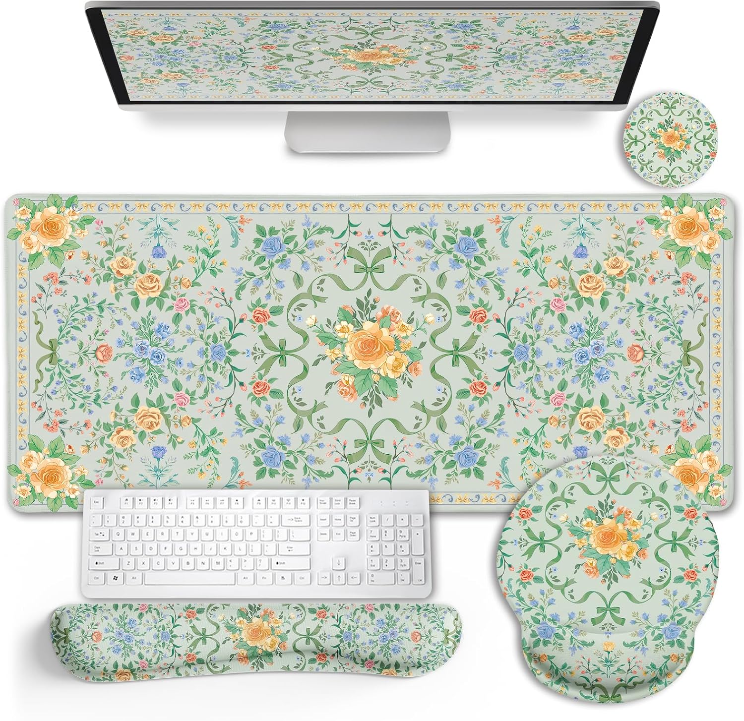 LIMKRIAN Floral Desk Mat Set, Cute Green Mouse Pad with Gel Wrist Rest | Ergonomic Shape Design, XXL Large Desk Pad Stitched Edges, Keyboard Wrist Support, Coaster, Desk Accessories Decor for Women