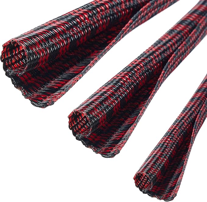 QCSIW Split Cable Sleeve, 3/4" 25ft Black Red Braided Wire Loom - Image 3