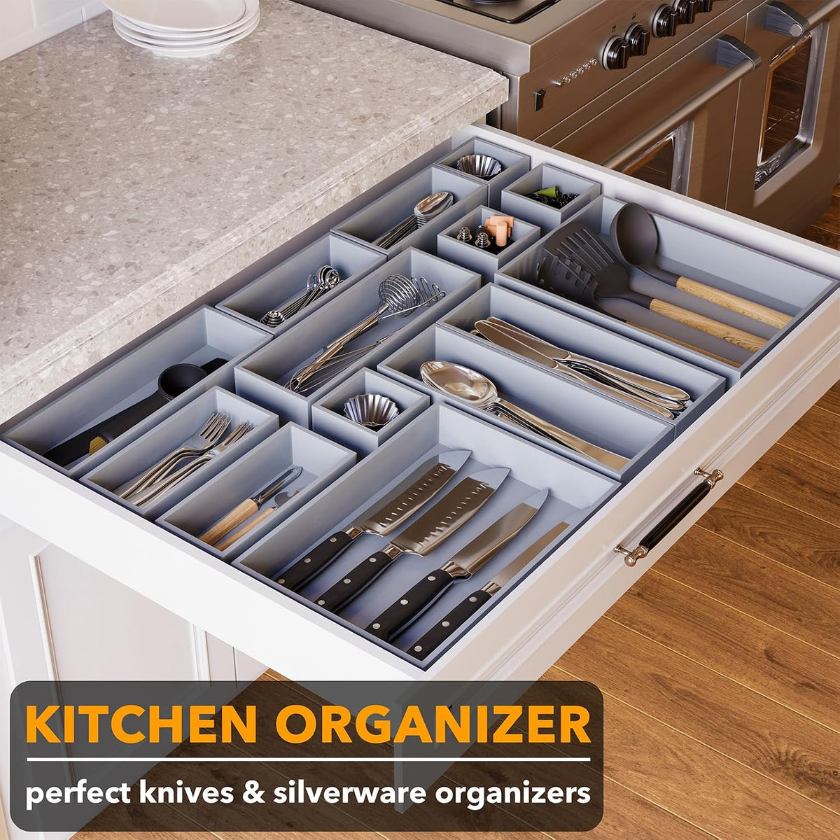 SpaceAid 14-Piece Bamboo Drawer Organizer Storage Boxes Set, Wood Tray Junk D...