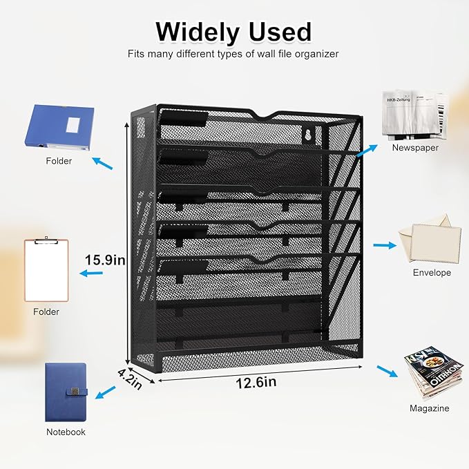 KZWKRG 6 Tier Magnetic File Holder, Large Capacity Mesh Hanging Wall Organizer - Image 3