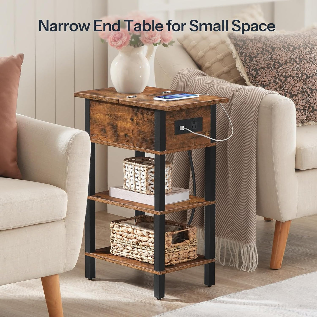HOOBRO End Table with Charging Station, Flip Top Side Table with USB Ports, N...
