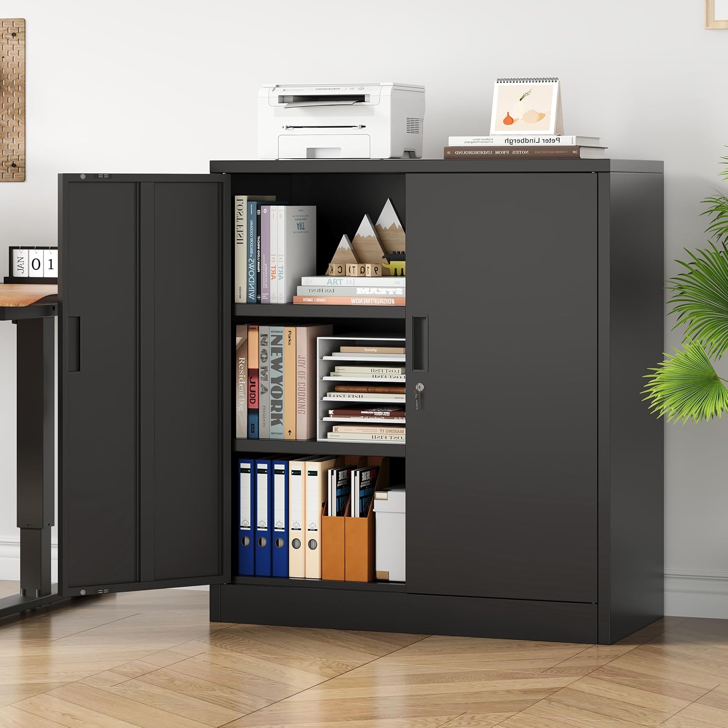 Metal Storage Cabinet, 36" Locking Cabinet with Adjustable Shelves for Garage, Office (Black)