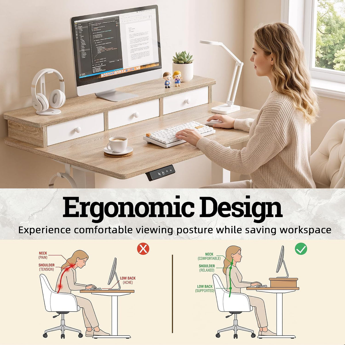 TIQLAB Small Standing Desk with 3 Drawers, 40" Computer Desk Girls, Maple
