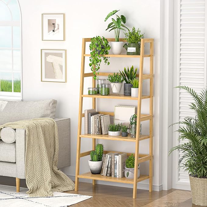 Homykic Bamboo Bookshelf 4-Tier Ladder Shelf, 49.2” Freestanding Open Bookcase - Image 2