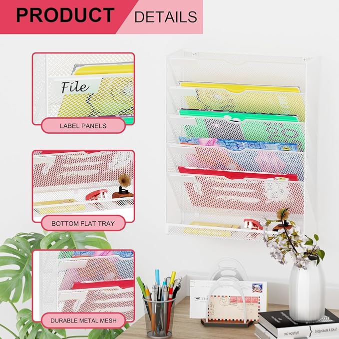 GDINDINFAN Hanging Wall File Organizer 6 Tier Wall Mounted File Holder Document - Image 4