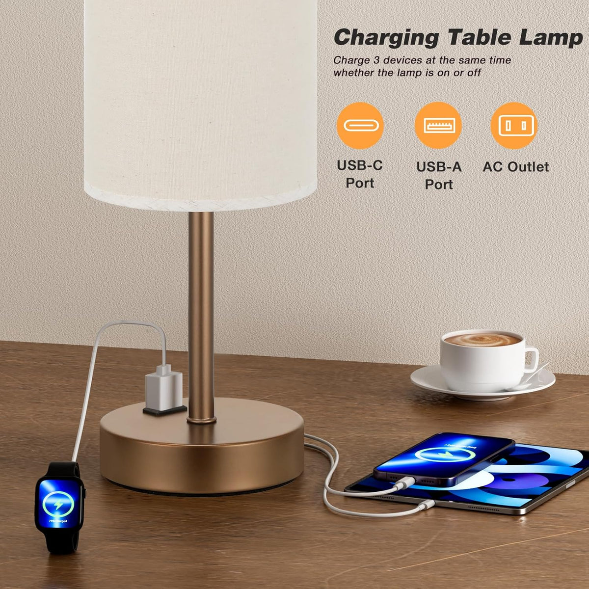 Fenmzee 17.4" Brown Lamp for Bedroom - Dimmable Touch, USB A+C, AC Outlet